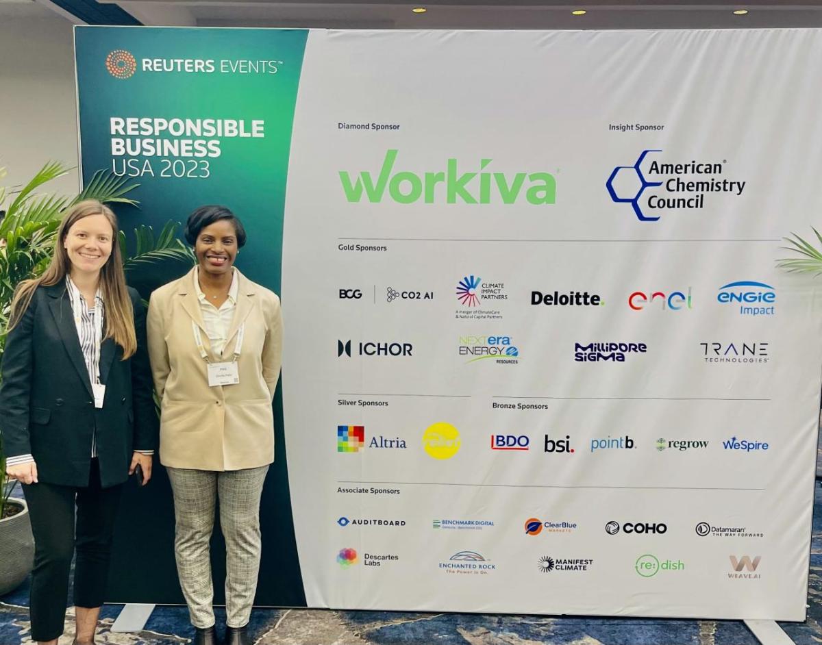 FSG director Lolita Castrique-Meier and managing director Chirlie Felix at the Reuters Responsible Business USA 2023 event in New York. " "