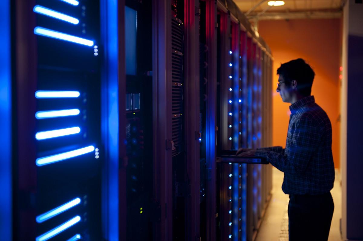 person in a computer data center