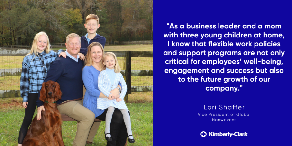 Lori Shaffer, the vice president of Kimberly-Clark’s global nonwovens business, is pictured with her husband and their family. Lori Shaffer and her family