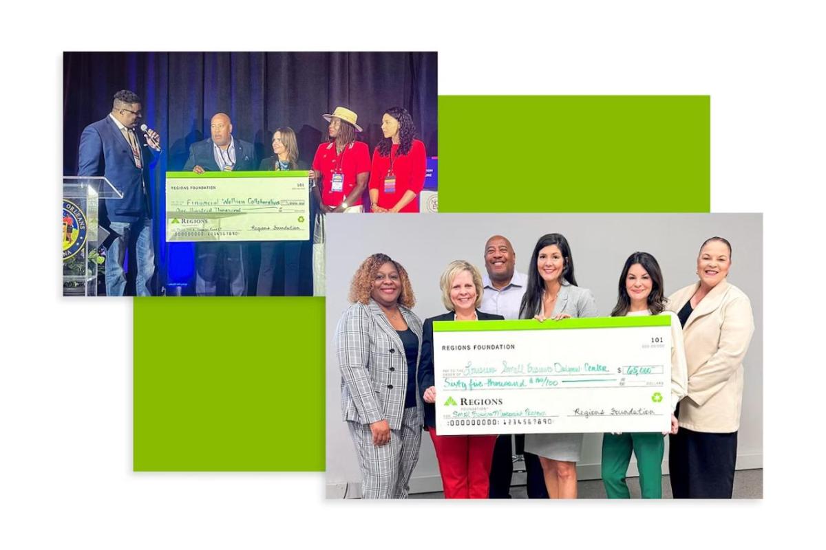 Two separate photo's of a group of people holding a cheque