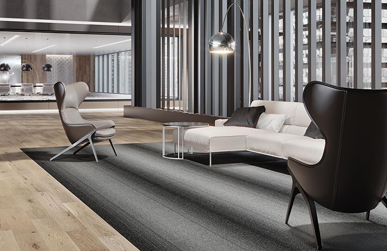 Red List-free Sunweave is available as a bound area rug or as a wall-to-wall woven installation. Photography courtesy of Mohawk Group.