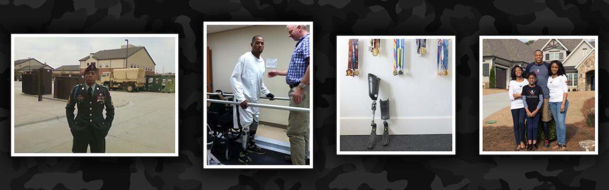 U.S. Army Ranger Master Sergeant (MSG) Cedric King shown in his uniform, at therapy and with his family.