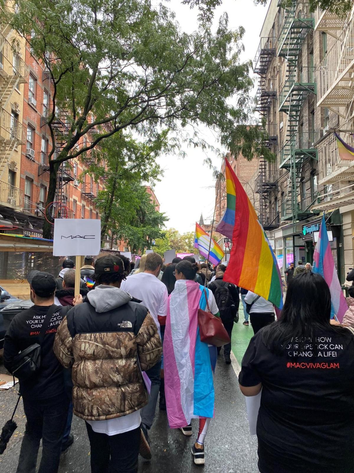 People marching down the street with signs and flags.