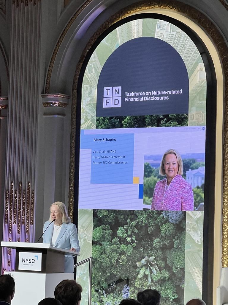 Mary Schapiro speaking at a podium, a digital display behind them.