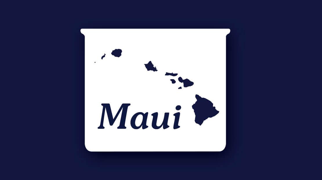 Navy background with a white and navy map of Maui