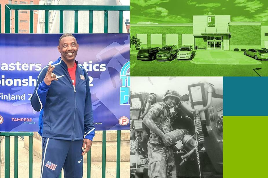 Collage of Maurice Lowery standing in a track suit, the outside of a Goodwill store, and Maurice in camo service uniform loading the back of a vehicle.