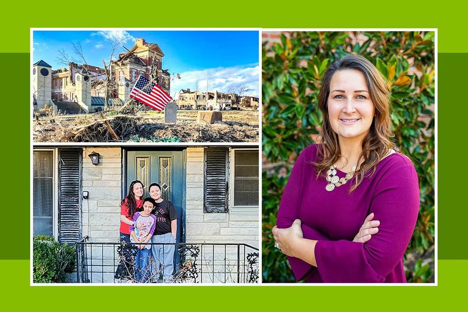 Three picture gallery, top left showing a tornado-damaged building with an american flag out front. Bottom left of the Costello family hugging on their front porch. Right is Mortgage Loan Officer Jo Brown standing in front of a bush