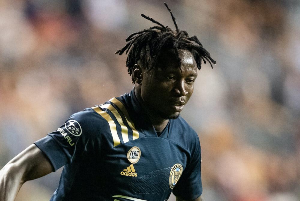 Olivier Mbaizo, a defender for the Philadelphia Union, wears a commemorative “Zero Landfill” jersey patch during the MLS team’s home game at Subaru Park on October 23, 2021.