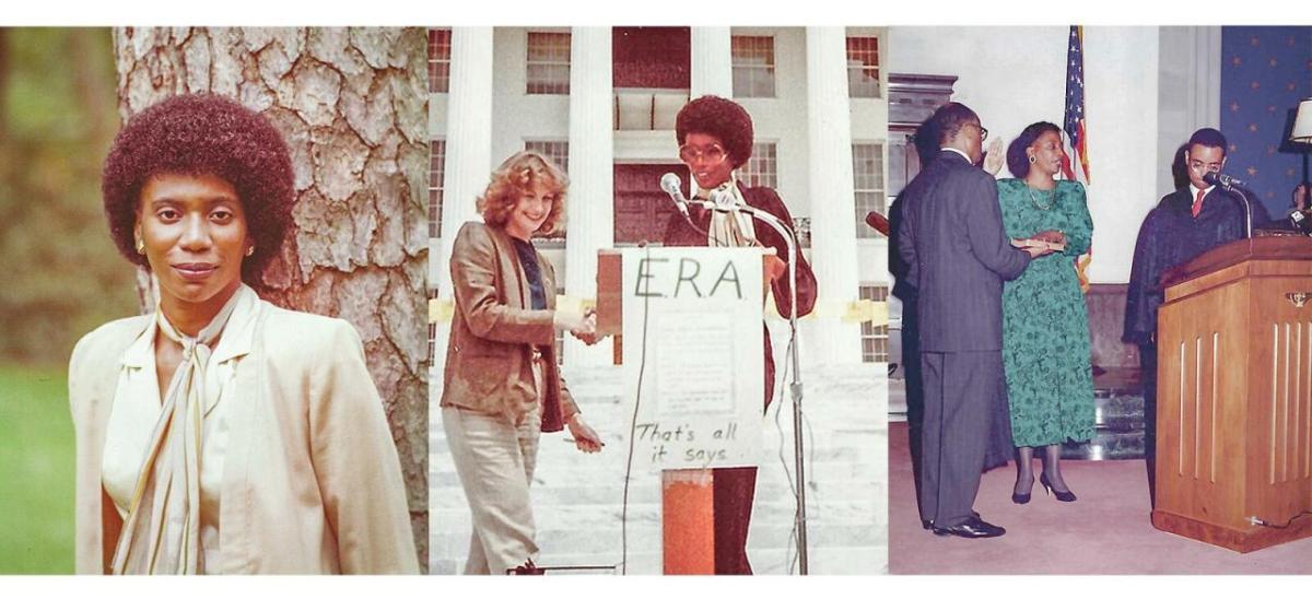 Collage of three photos of  JudgeVanzetta McPhearson as a young adult, at a podium on the steps of a government building, and at her swearing in ceremony.