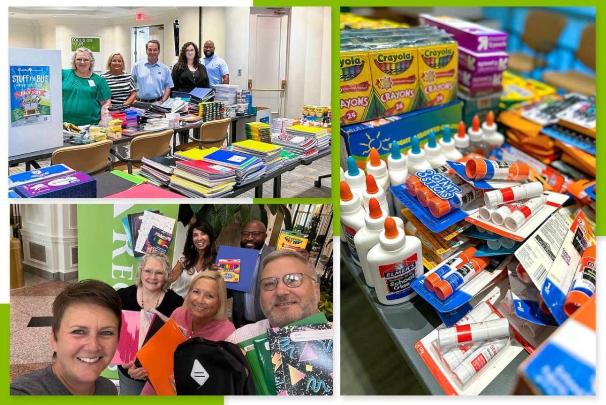 A collage of photos of people behind stacks of school supplies, a table full of different school supplies, and holding up notebooks.