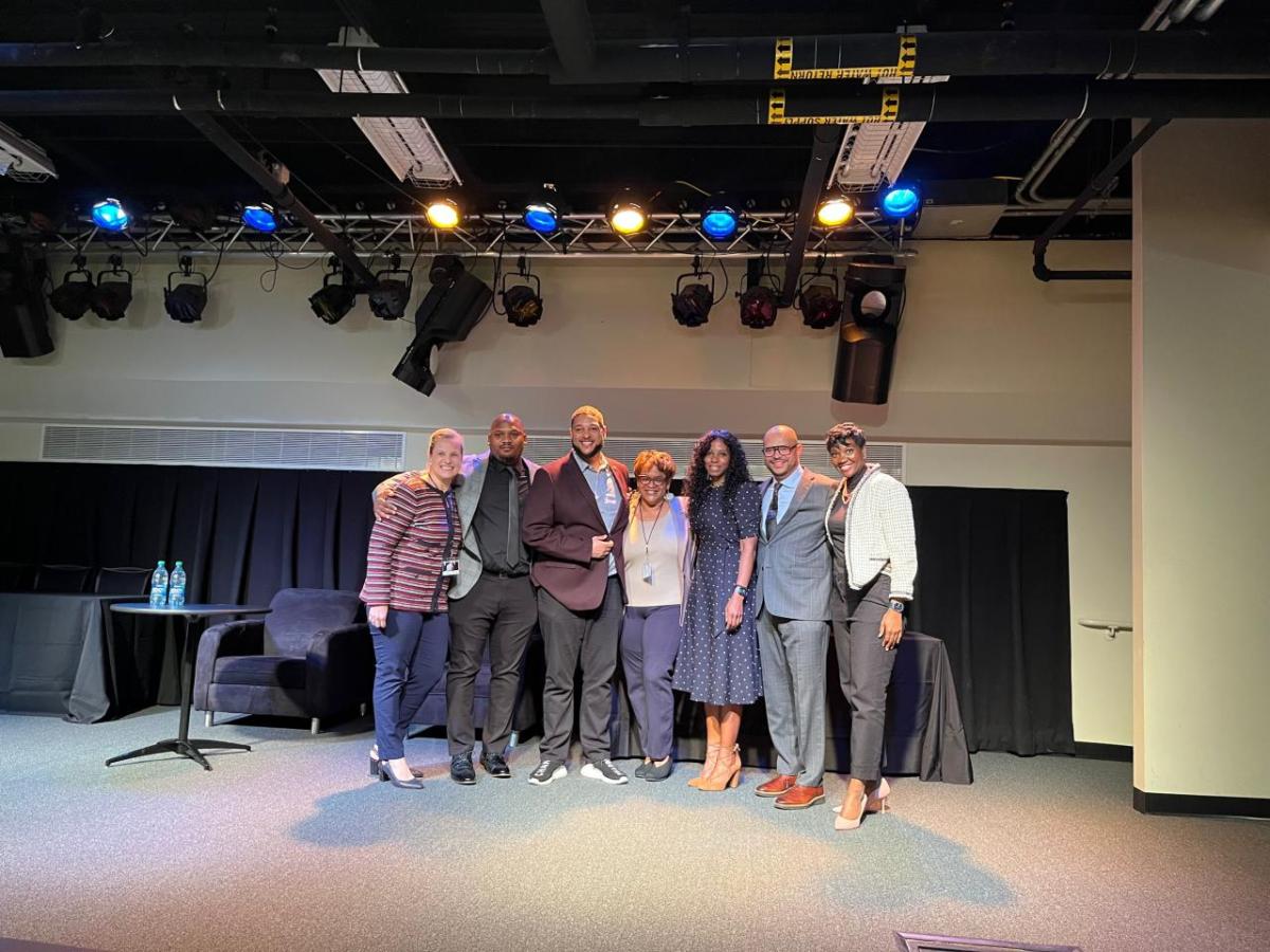 At the LEAD ERG Summit (above, left to right): Aramark’s Abigail Charpentier and Darand Garner; author and keynote speaker John Graham; Dr. Valerie Harrison, Temple University; Ellen Wilson, Aramark; Michael Scales, Temple University; Chanel Brown, Aramark LEAD ERG Chair. Aramark leadership on a stage