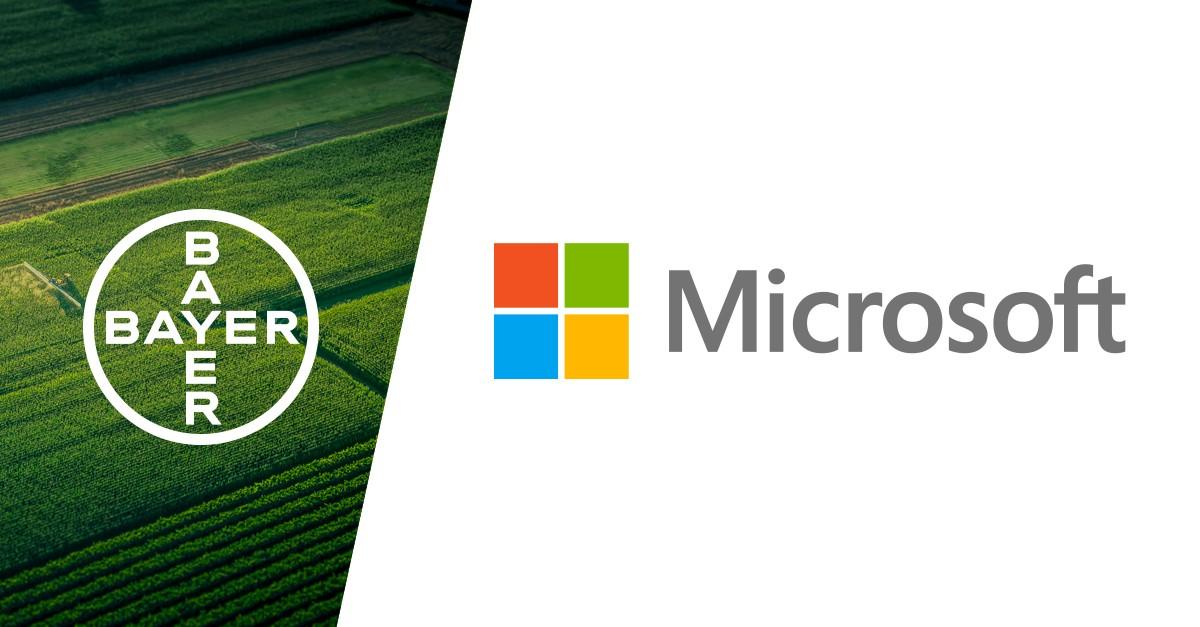 Bayer and Microsoft logos together, a white diagonal line between them.