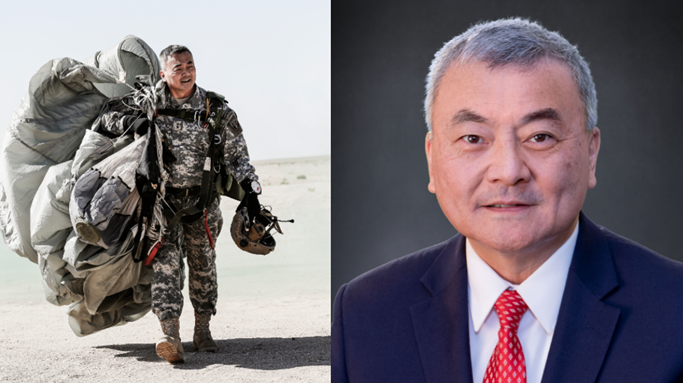 Lt. Gen. Michael Nagata, U.S. Army (Ret.) pictured moments after a successful military freefall parachute jump in the Middle East and during his continued mission as a CACI employee. " "