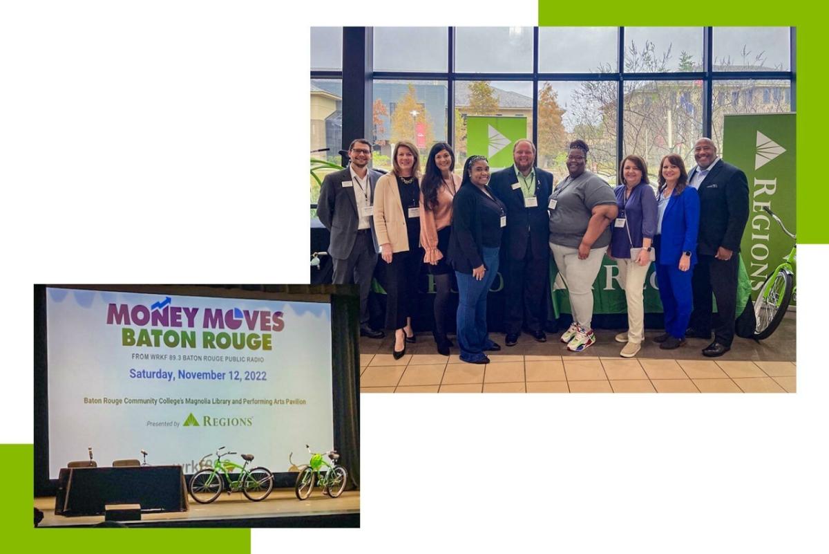 Collage of two photos: "Money Moves Baton Rouge" on a large screen behind a desk with two chairs and microphones, two green bikes to the side. A group of people next to tall windows and a green Regions banner on the right.