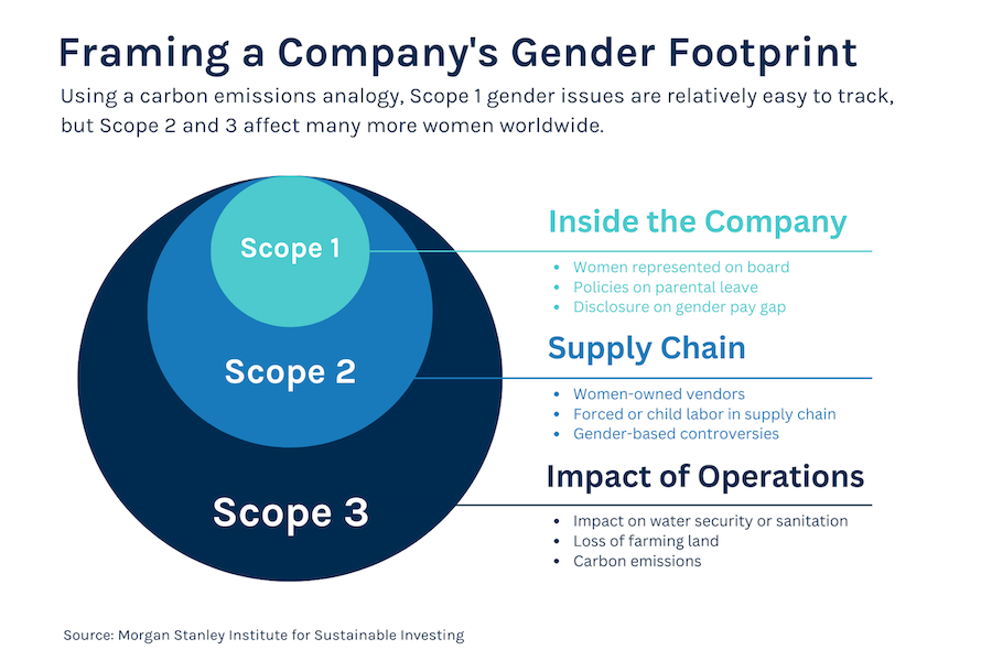 Framing a Company's Gender Footprint Using a carbon emissions analogy, Scope 1 gender issues are relatively easy to track, but Scope 2 and 3 affect many more women worldwide.