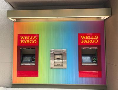 Wells Fargo covered its ATMs at two Orlando, Florida, branches — Downtown Orlando, pictured here, and Orange Avenue — with pride graphics for two weeks in June. ATMs in New York City; Philadelphia; Portland, Oregon; Seattle; San Diego; and San Francisco were also wrapped.