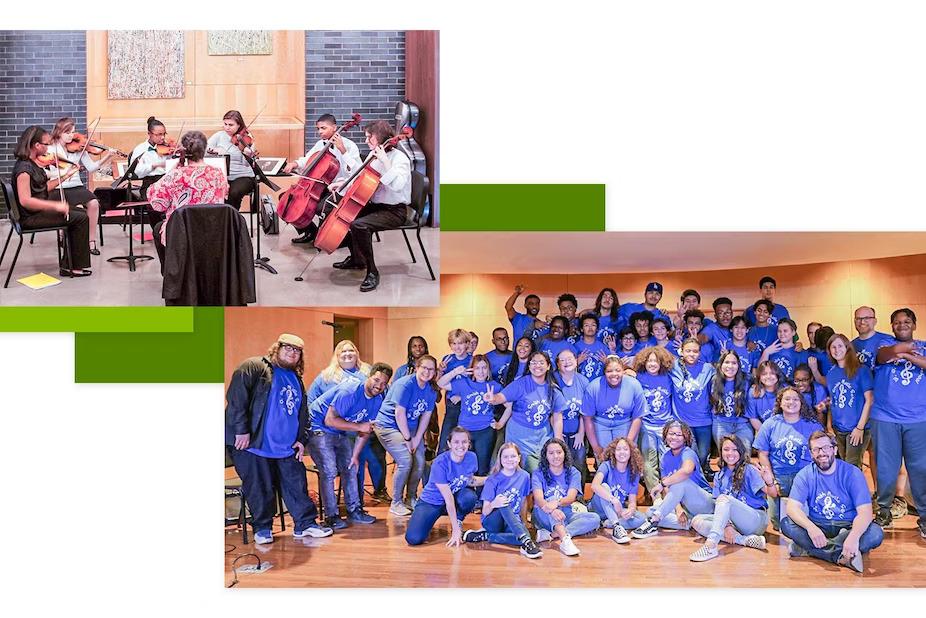 Collage of people playing sting instruments, and a large group of volunteers posed in matching shirts.