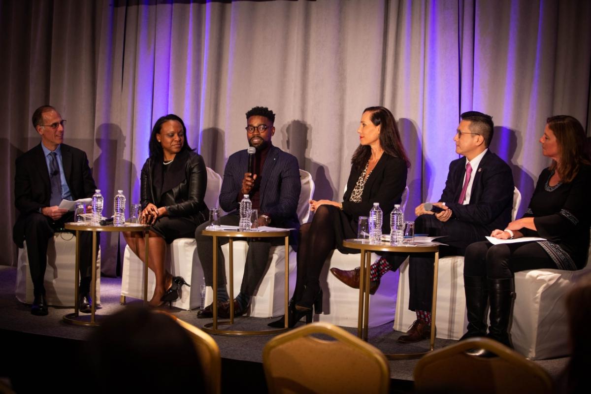 Moderator Mark Zandi of Moody's Analytics with panelists Christiani Franck of EY, Corneil Montgomery of Bank of the West, Kelly Joscelyne of Mastercard, Dustin Ling of Citi, and Julie Vennewitz-Pierce of PayPal at the NFTE World Series of Innovation celebration during #GEW2019. (Photo credit: Joseph Spiteri)