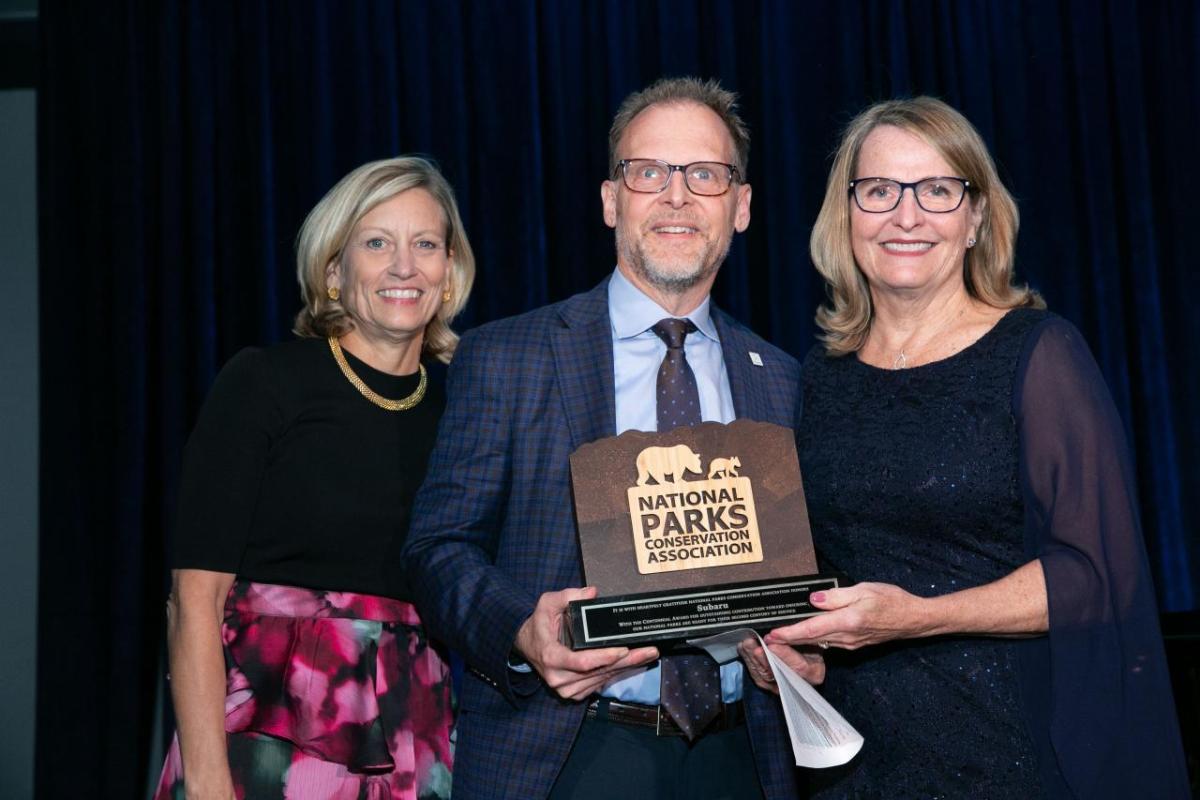 NPCA Honors Subaru of America with Centennial Leadership Award. Left to right: NPCA Board Chair Elizabeth Waddill, President and COO of Subaru of America, Inc. Jeff Walters, and NPCA President and CEO Theresa Pierno. " "