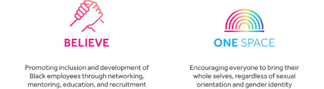 BELIEVE Promoting inclusion and development of Black employees through networking, mentoring, education, and recruitment ONE SPACE Encouraging everyone to bring their whole selves, regardless of sexual orientation and gender identity