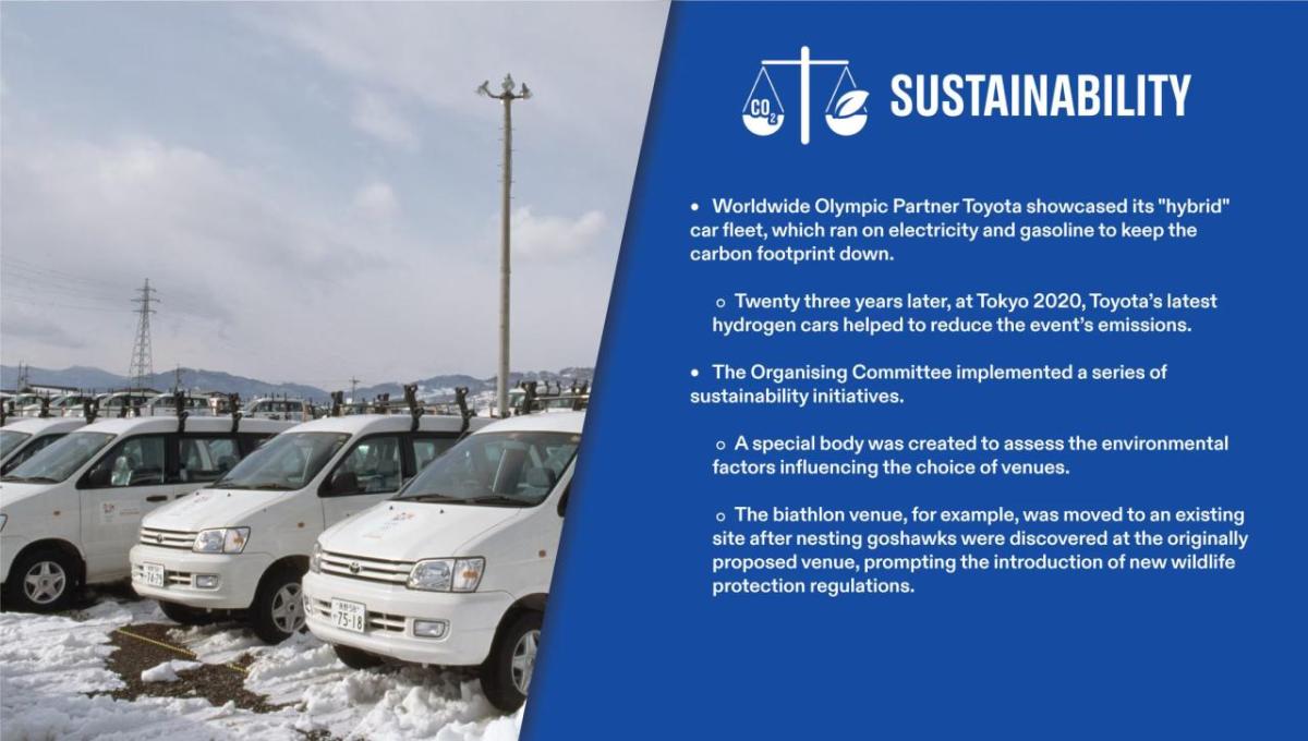 Info graphic "Sustainability" a parking lot of identical white small vehicles on the left.