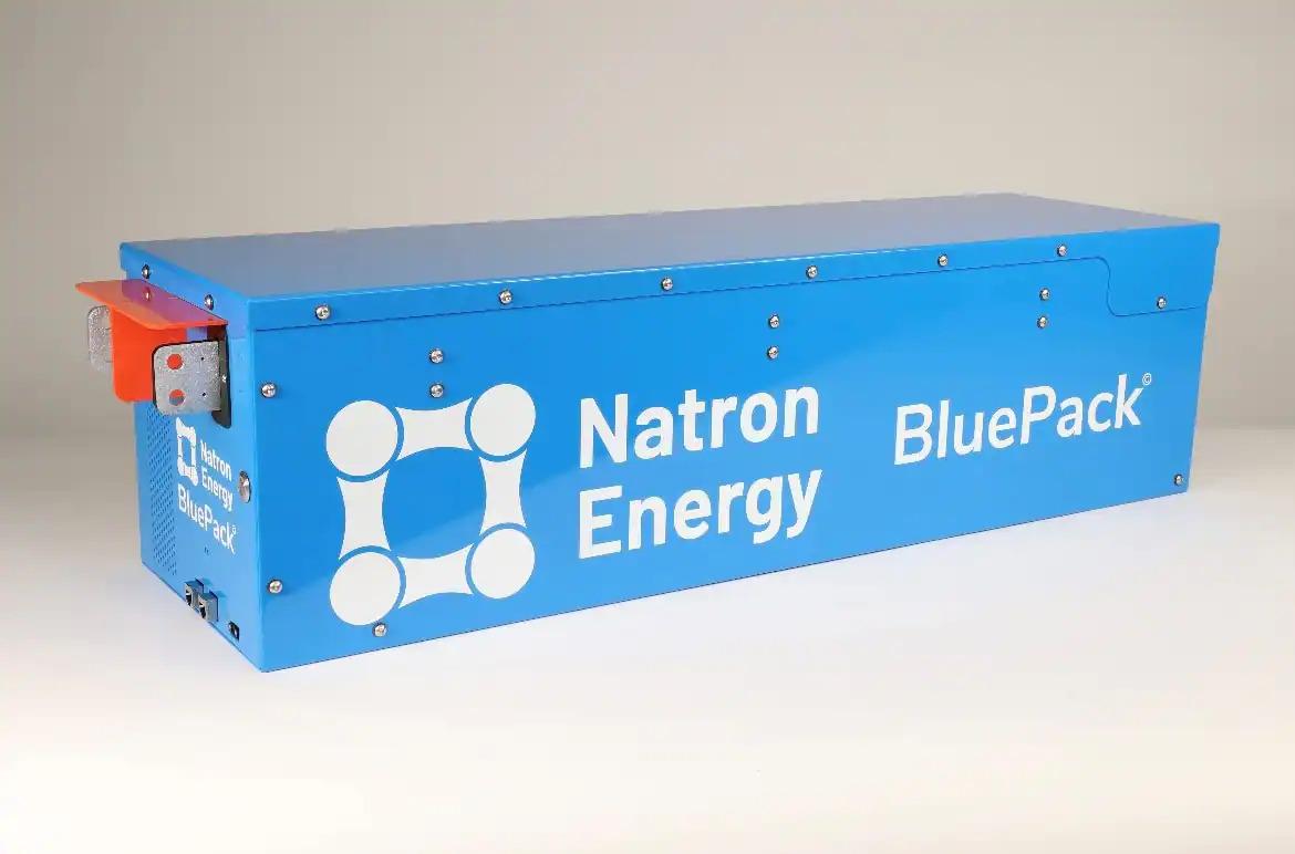 Blue box "Natron Energy BluePack" on the side