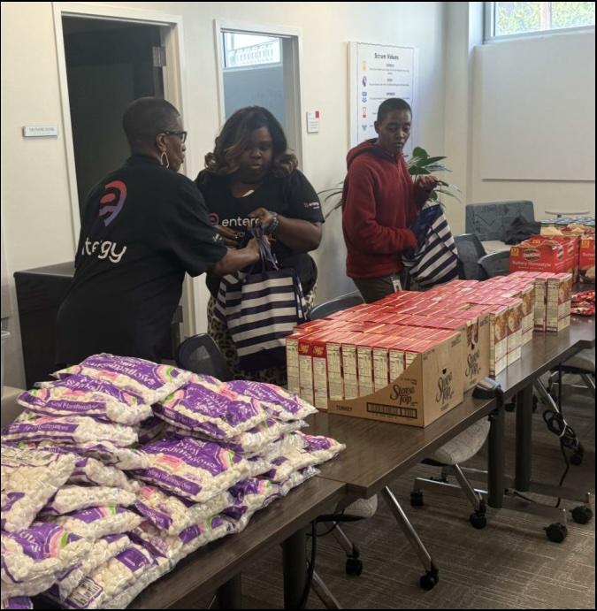 Tables piled with donated food