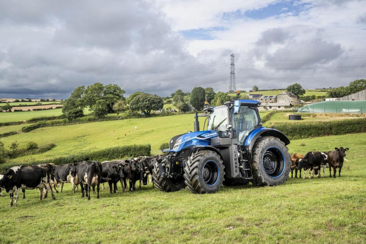 New Holland T7 Methane Power LNG Tractor with Bennamann system at pilot farm in the UK " "