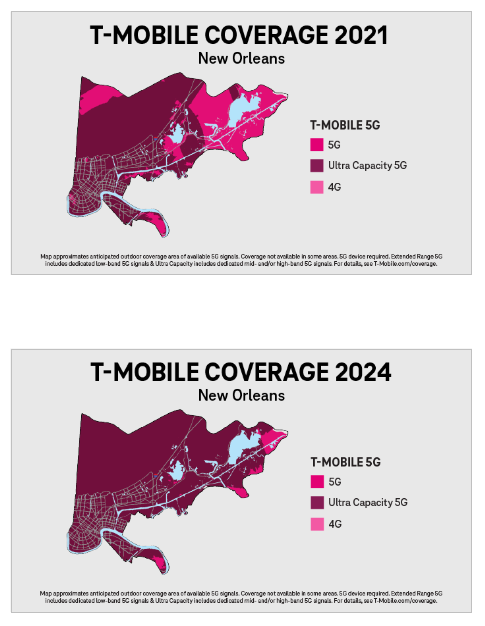 Side by side maps "T-Mobile coverage 2021 and 2024" in New Orleans. Different colors representing different coverage levels.