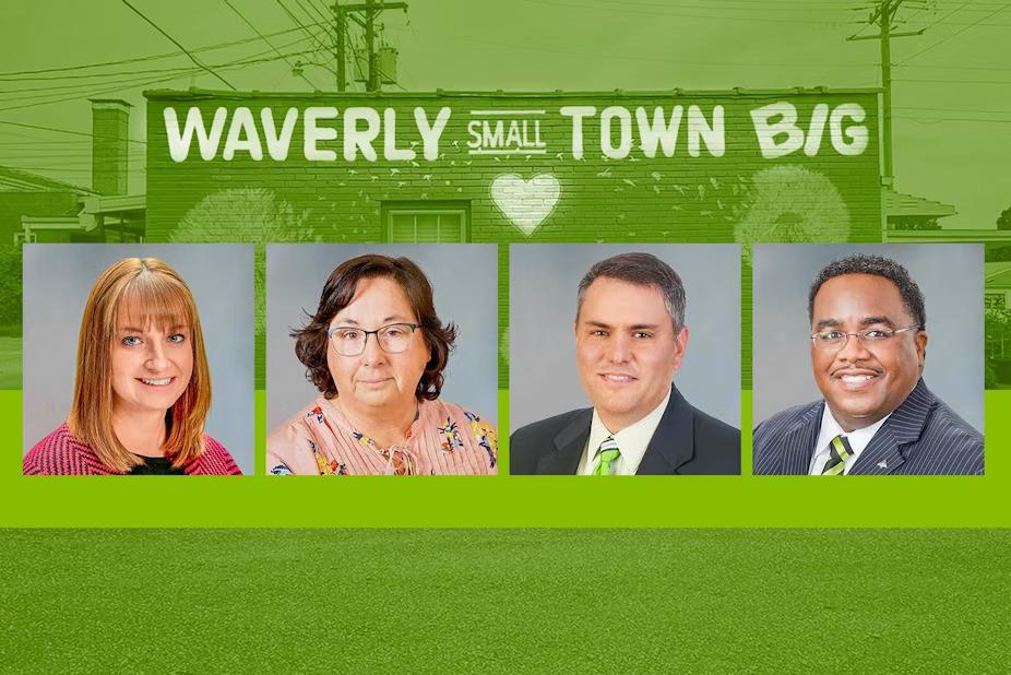 Profiles of Mary McMillan, Kathy Peyton, Scott Beard and Rudy Walker. A green background with image of the side of a building with "Waverly small town big" painted on the sign.