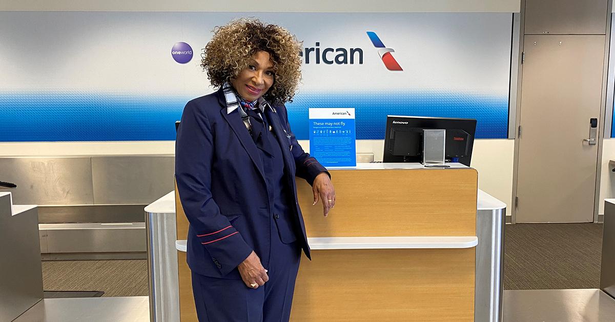 DFW Flight Attendant Cheryl Gaymon at the American Airlines American Airlines Training & Conference Center in Fort Worth, Texas. Cheryl Gaymon in American Airlines uniform