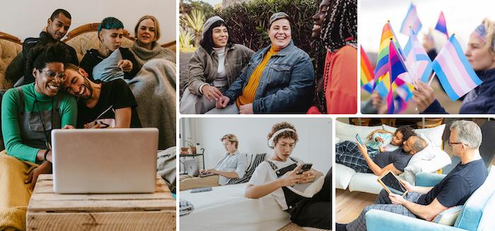 Photo montage of people in front of a computer, at a Pride parade and relaxing in chairs.