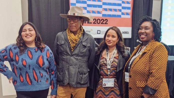 Photo: Pictured (left to right): Sierra Teller Ornelas (Navajo and Mexican American), Bird Runningwater (Cheyenne and Mescalero Apache), Leah Salgado (Pascua Yaqui), Charlene Polite Corley Pictured (left to right): Sierra Teller Ornelas (Navajo and Mexican American), Bird Runningwater (Cheyenne and Mescalero Apache), Leah Salgado (Pascua Yaqui), Charlene Polite Corley