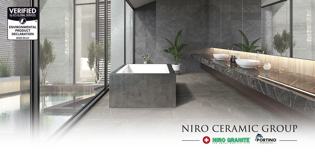 bathroom with niro granite logo
