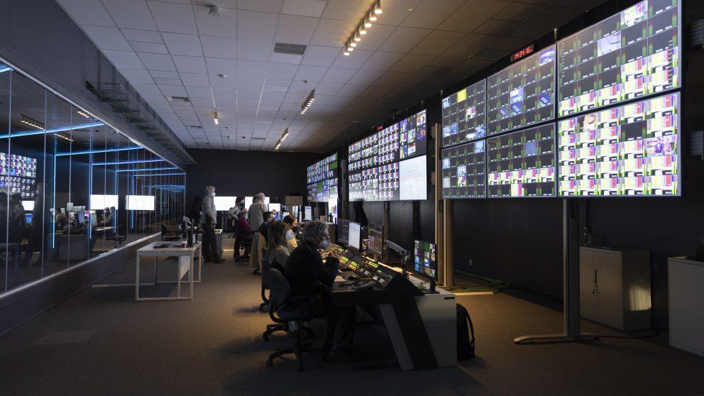 The Olympic Broadcasting Services. Photo credit: Alibaba Group Control room with computers and large monitors