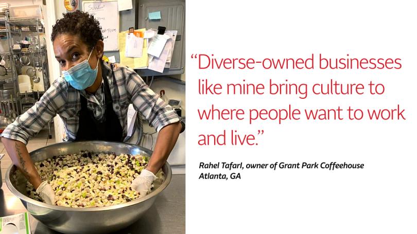 Rahel TafarI, owner of Grant Park Coffeehouse in Atlanta, makes chicken salad for her customers. She benefited from Wells Fargo's Open for Business Fund.