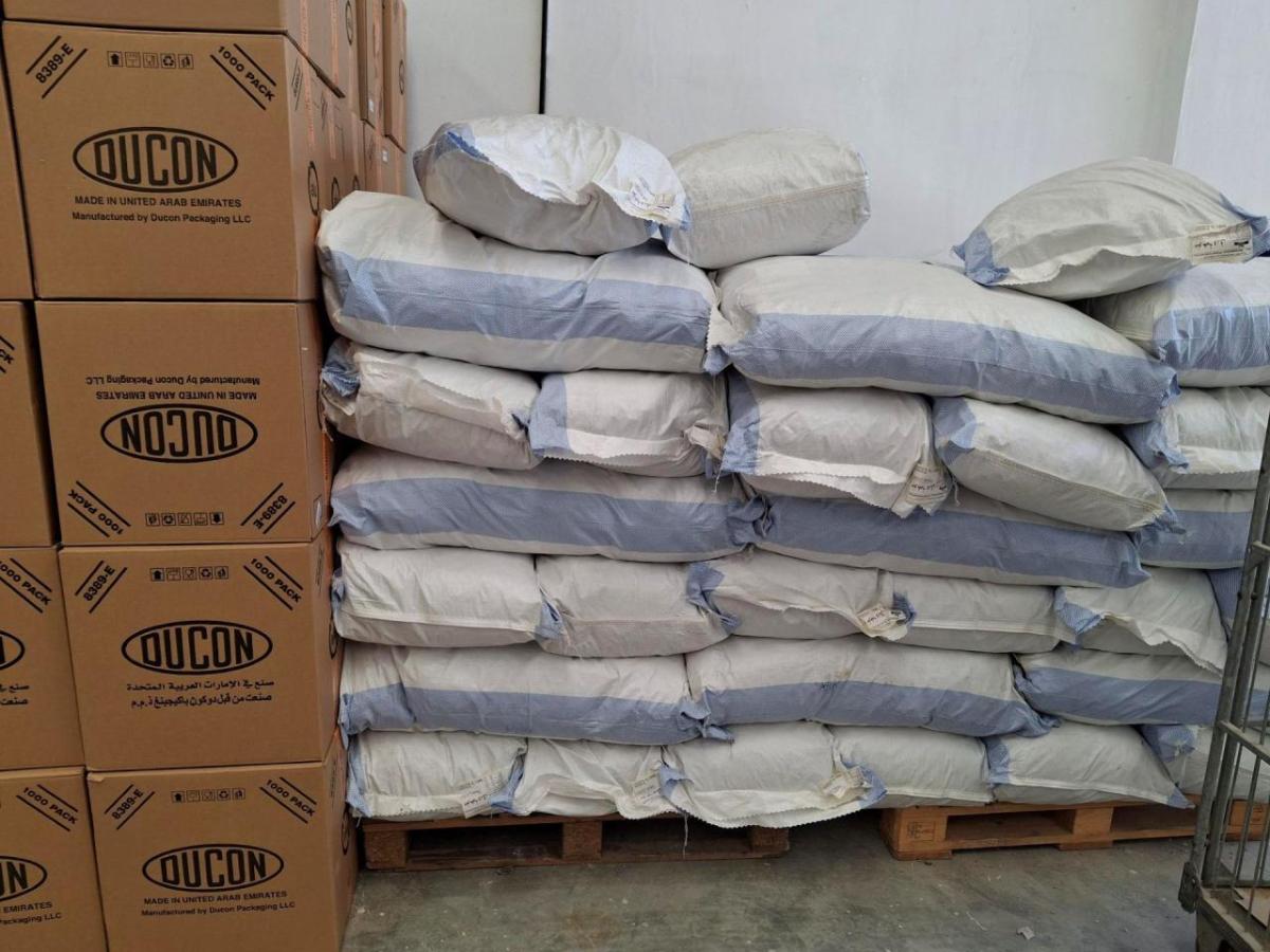 Image of food blocked from entering Gaza given the suspension of humanitarian aid entry announced by Israel on March 2nd. Products are retained in our warehouse in Jordan until the border crossing points reopen.