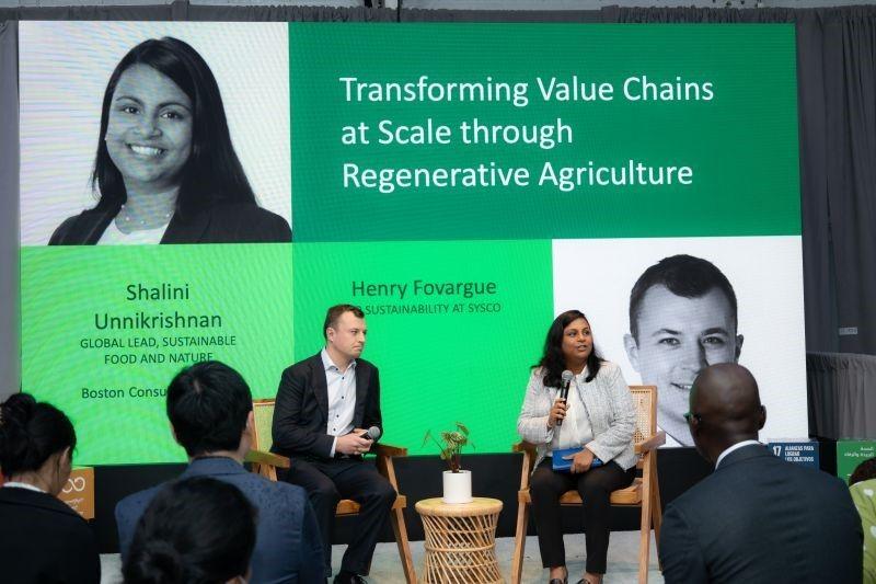 Henry Fovargue and Shalini Unnikrishnan talking on stage