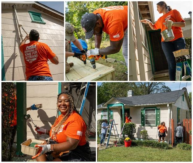 Operation Surprise Volunteers from The Home Depot shown painting, cleaning and fixing up a veterans home.