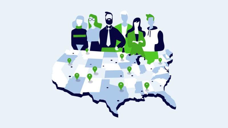 cartoon graphic of six people and map of the United States