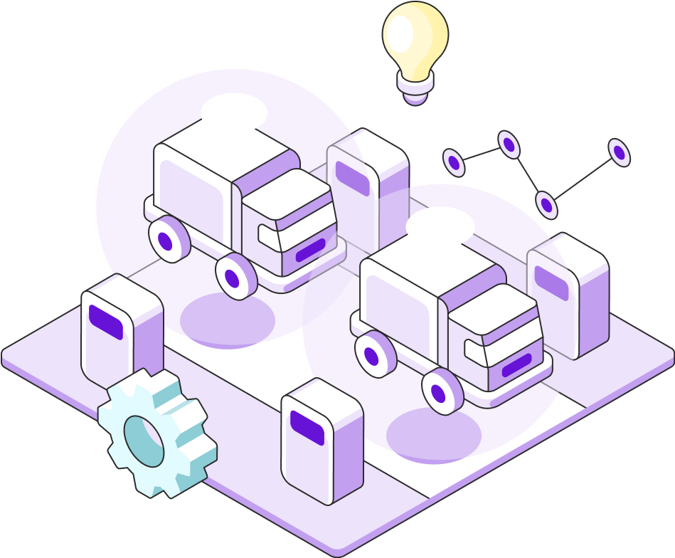 Two trucks float in the air with lightbulbs and a chart beside them. 