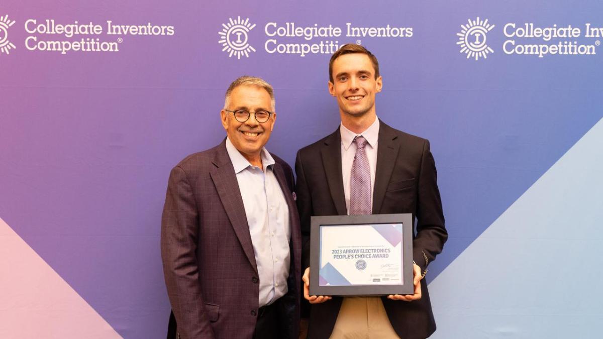 Arrow Electronics Director, Joe Verrengia, with People’s Choice Award winner and NuceoTide inventor, Daniel Collins " "
