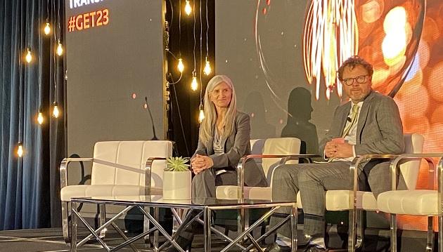 Enbridge's Cynthia Hansen discusses core energy transition considerations with Ben Webster of MiQ at Reuters Global Energy Transition 2023 in New York City on June 8. " "