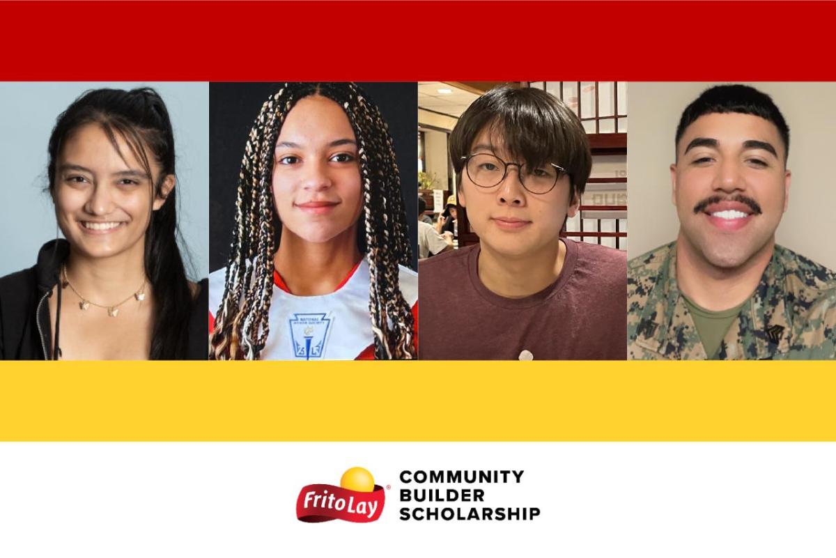L to R: Mehar Bhasin (Lakeville, Conn.), Jaelyn Hardaway (San Antonio), Caleb Oh (Gambrills, Md.) and Sgt. Ramon Perez (New Rochelle, N.Y.) were identified as Frito-Lay's First-Ever Community Builder Scholarship recipients, each receiving $25,000 to further their higher-education goals. " "