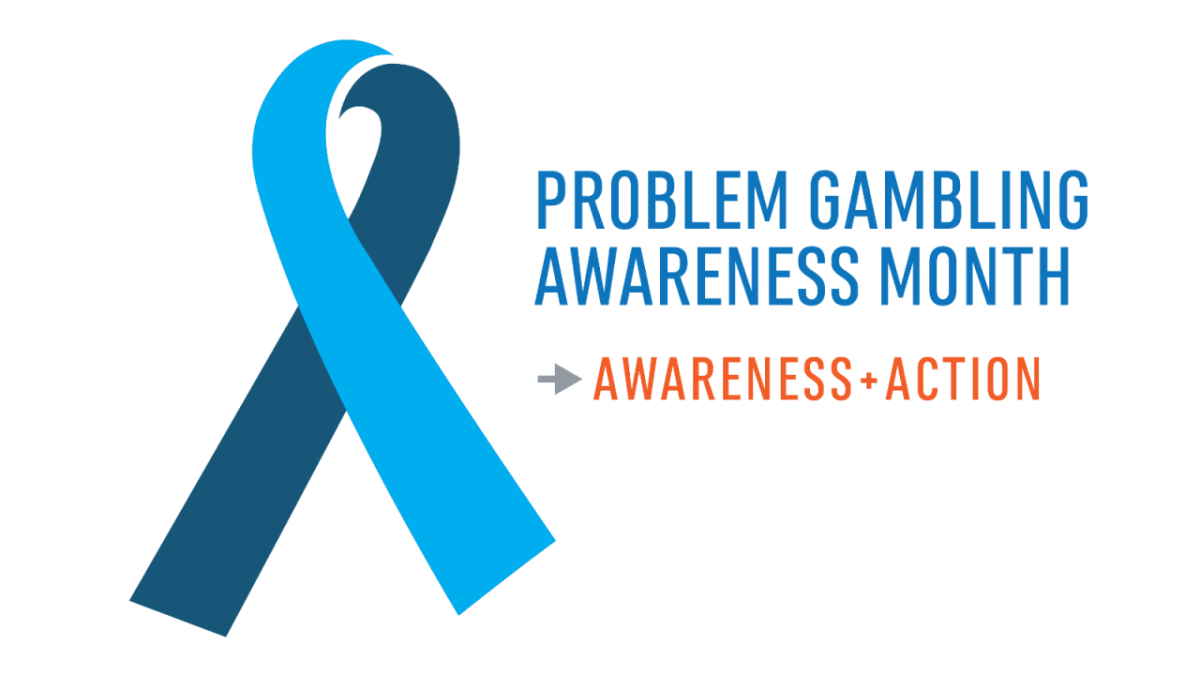 "problem gambling awareness month, awareness and action" with a blue ribbon