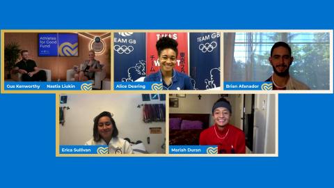 Athletes Mariah Duran, Alice Dearing, Brian Afanador and Erica Sullivan share their personal experiences that inspired them to serve their communities during a panel discussion hosted by P&G.