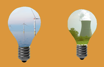 Two lightbulbs: one with an illustration of wind power and the other showing a nuclear reactor. 