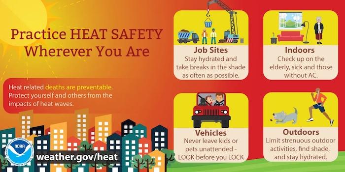 Practice HEAT SAFETY Wherever You Are Job Sites Stay hydrated anJOutdoors Limit strenuous outdoor activities, find shade, and stay hydrated.Indoors Check up on the elderly, sick and those without AC.ob Sites Stay hydrated and take breaks in the shade as often as possible. Vehicles Never leave kids or pets unattended - LOOK before you LOCKd take breaks in the shade as often as possible. Heat related deaths are preventable. Protect yourself and others from the impacts of heat waves. 