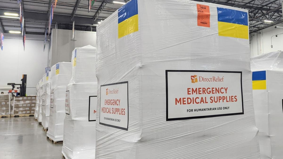 A pallet of medical aid from Direct Relief for Ukraine. 