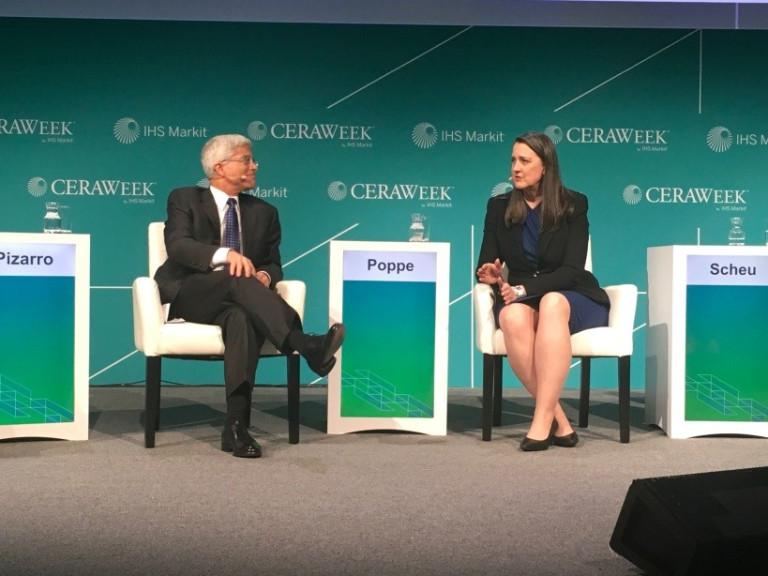 Patti Poppe discusses Consumers Energy’s role in transportation electrification at CERAWeek. Also pictured is Pedro Pizarro of Edison International.